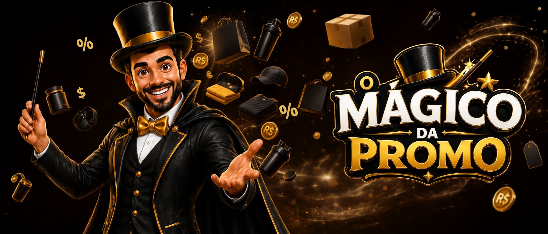 O Mágico da Promo — mágico com produtos, moedas e logo da marca